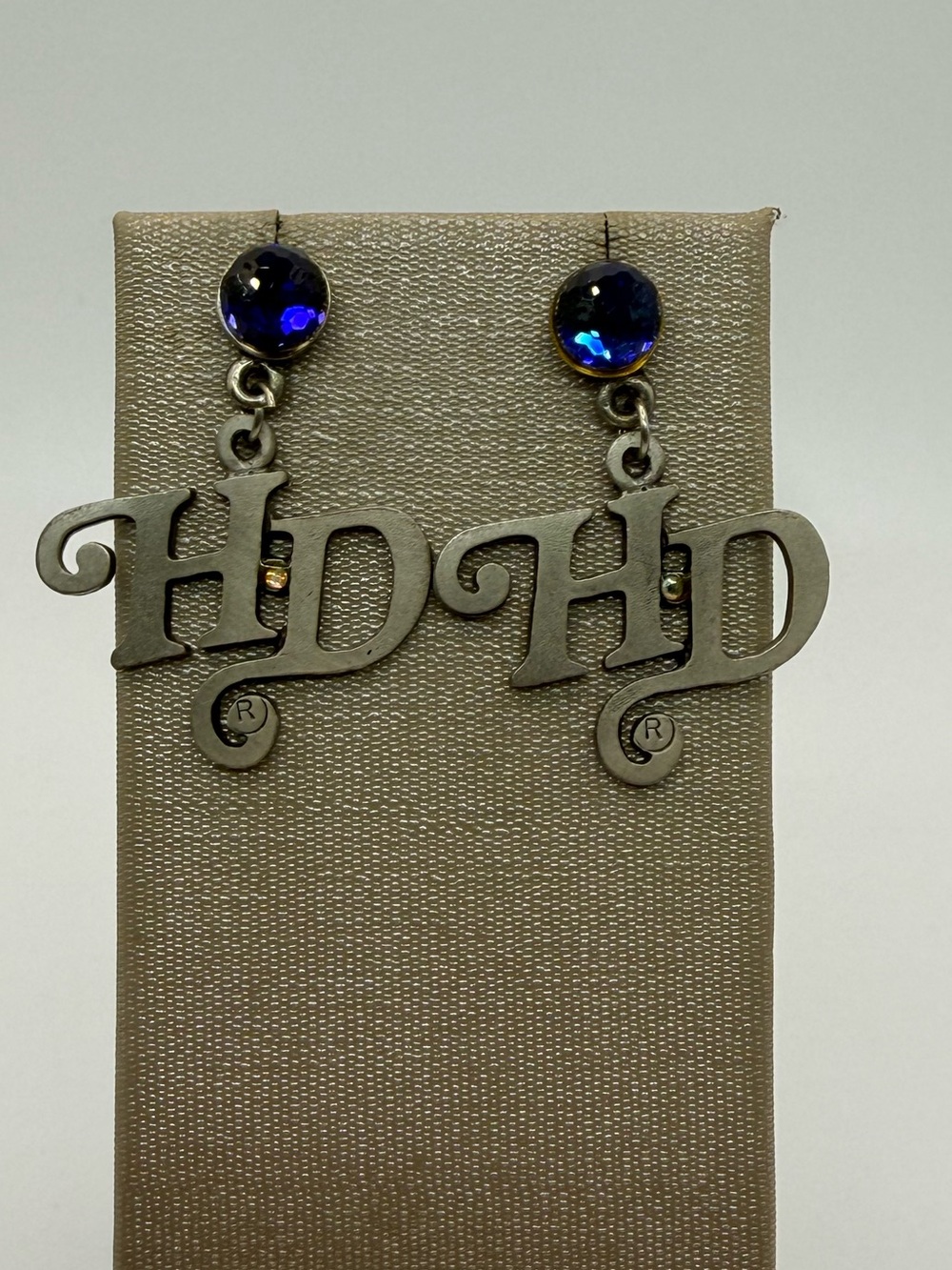 Vintage Harley-Davidson H-D Blue Crystal Dangle Earrings Y2K Biker Jewelry